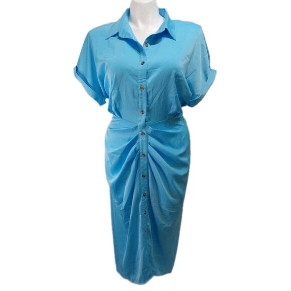 BTFBM XL Blue Collard Button-Down Dress With Tie Bow #D55 - Picture 1 of 5